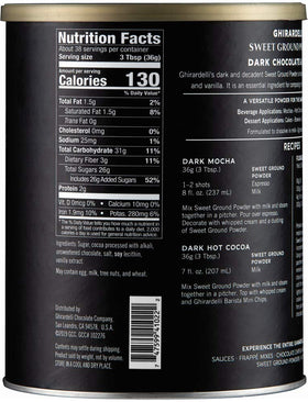 Ghirardelli dark chocolate cocoa powder in a mocha setup highlighting rich flavor for specialty coffee.