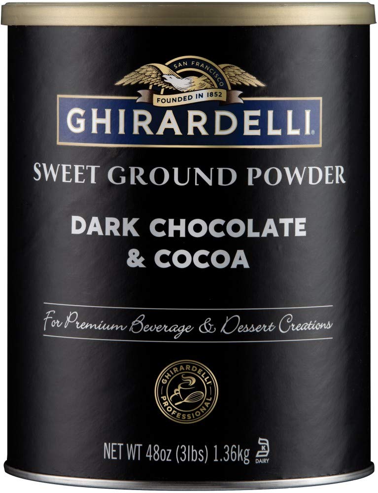 Ghirardelli dark chocolate cocoa powder packaging showing versatile uses for hot drinks and desserts.