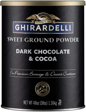 Ghirardelli dark chocolate cocoa powder packaging showing versatile uses for hot drinks and desserts.