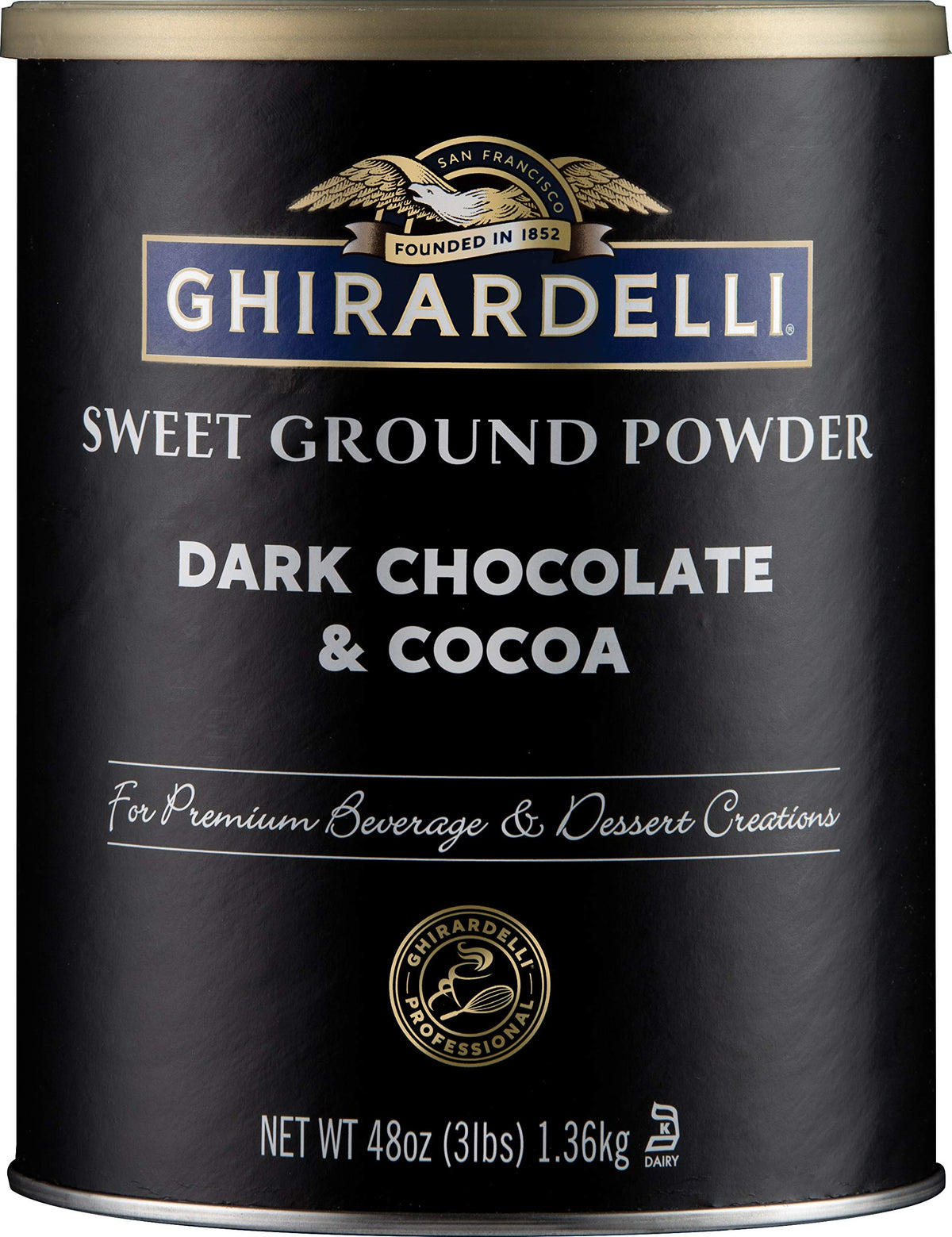Ghirardelli dark chocolate cocoa sweet ground powder can, 3 lb, ideal for rich beverages.