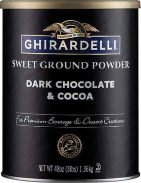 Ghirardelli dark chocolate cocoa sweet ground powder can, 3 lb, ideal for rich beverages.