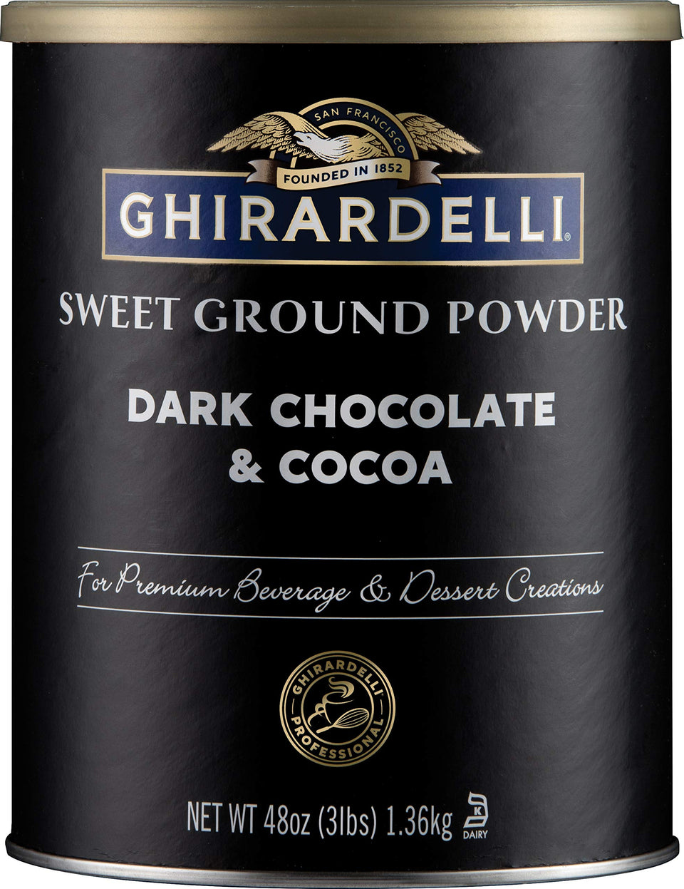 Ghirardelli dark chocolate cocoa sweet ground powder can, 3 lb, ideal for rich beverages.