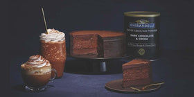 Closeup of Ghirardelli powder can lid showing premium chocolate blend.