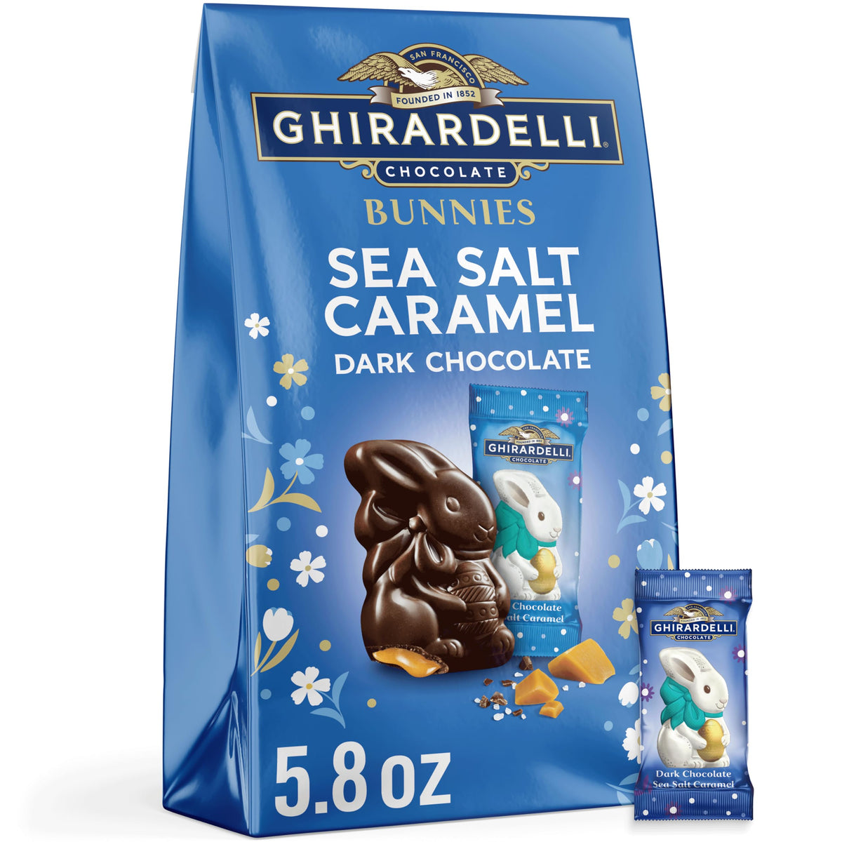 Ghirardelli dark chocolate bunny close-up, highlighting premium caramel filling for a luxurious Easter treat.