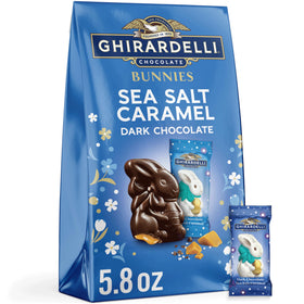 Ghirardelli dark chocolate bunny close-up, highlighting premium caramel filling for a luxurious Easter treat.