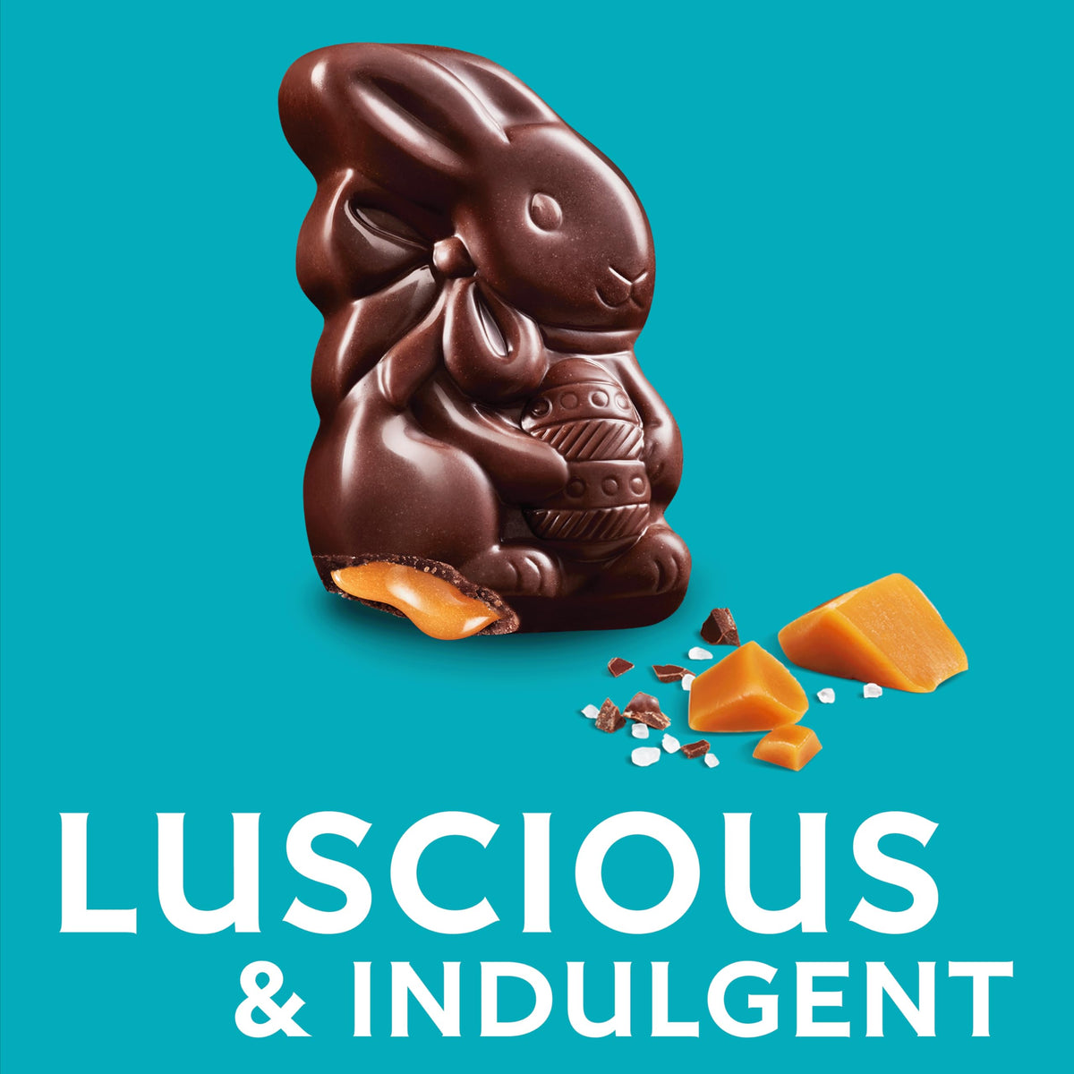 Ghirardelli dark chocolate sea salt caramel bunny close-up with glossy finish.