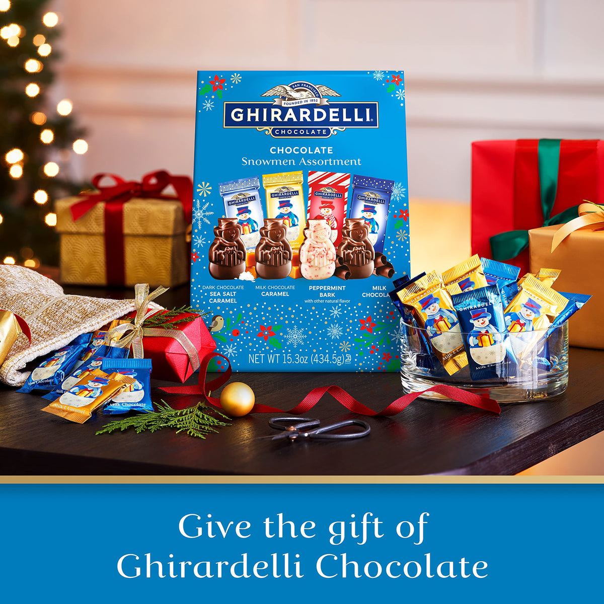 Ghirardelli dark chocolate sea salt caramel snowman shows rich, indulgent texture