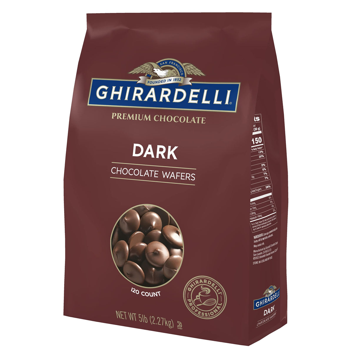 Ghirardelli dark chocolate wafers in a 5 lb bag for smooth melting and ganache.