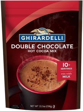 Close-up of Ghirardelli hot cocoa bags showing premium cocoa for a rich indulgent cup.