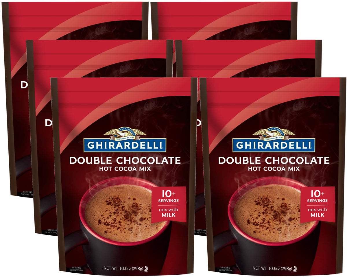 Ghirardelli Double Chocolate Hot Cocoa packs displayed for easy stocking and quick cozy beverages.