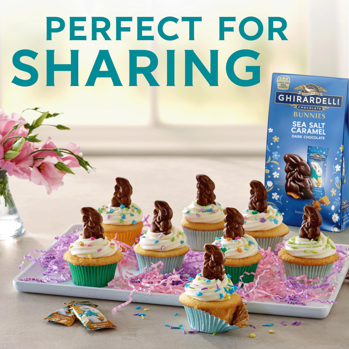 Ghirardelli Easter bunny chocolates arranged for decorative baskets.