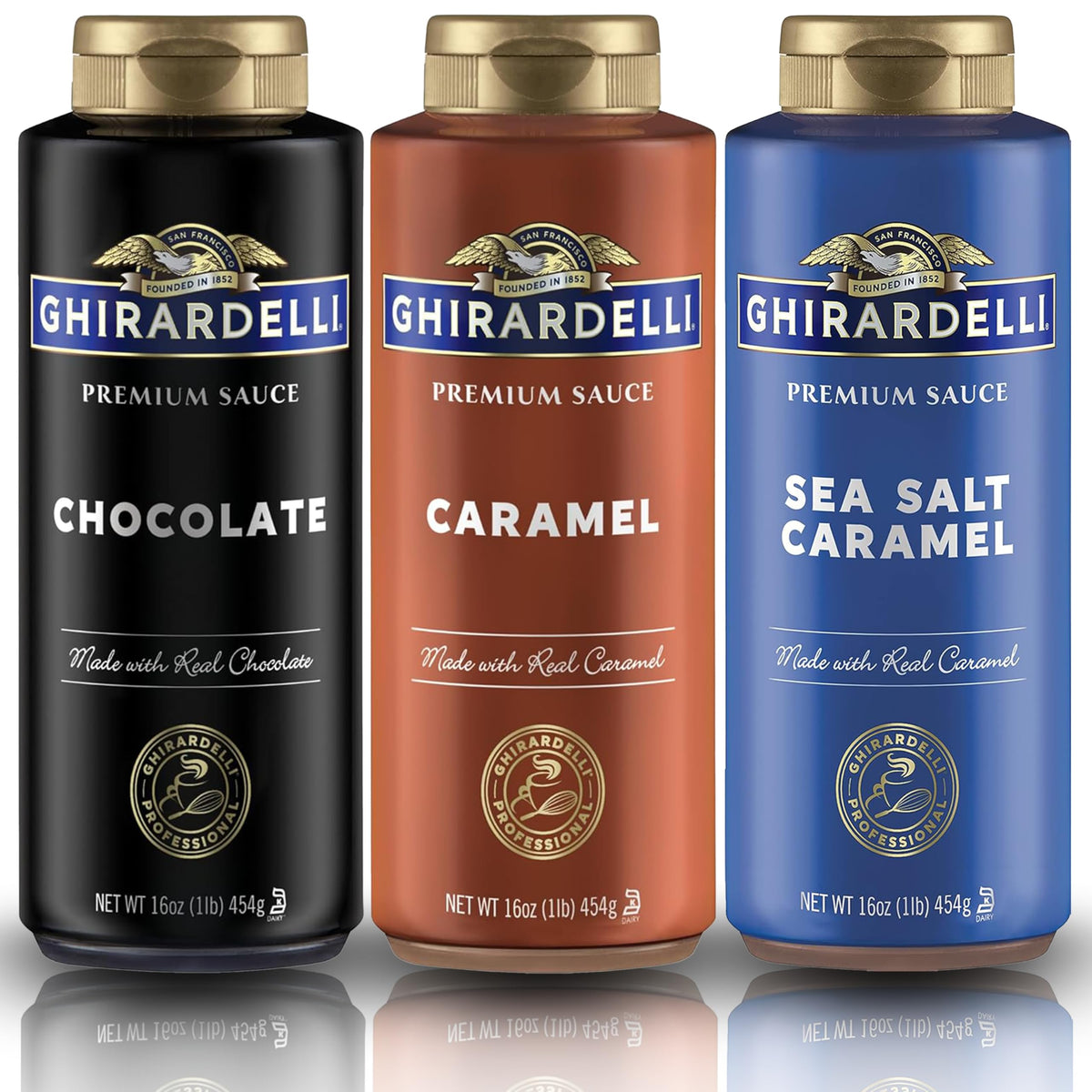 Ghirardelli flavored sauce variety pack bottles for versatile dessert topping options.