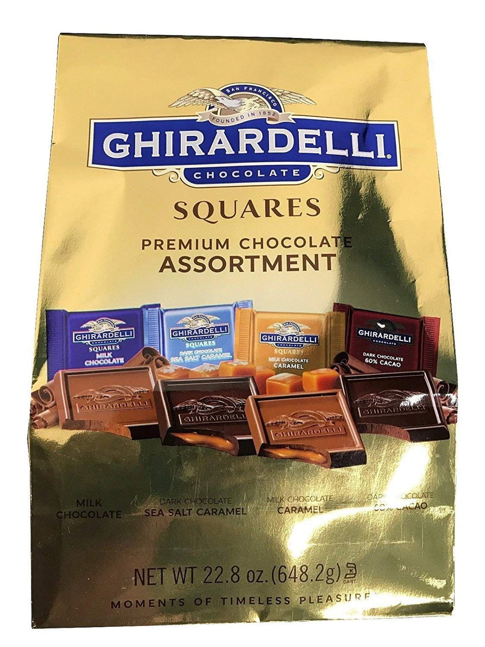 Ghirardelli Gold Assorted Squares bag featuring four flavors, ideal for sharing and gifting.