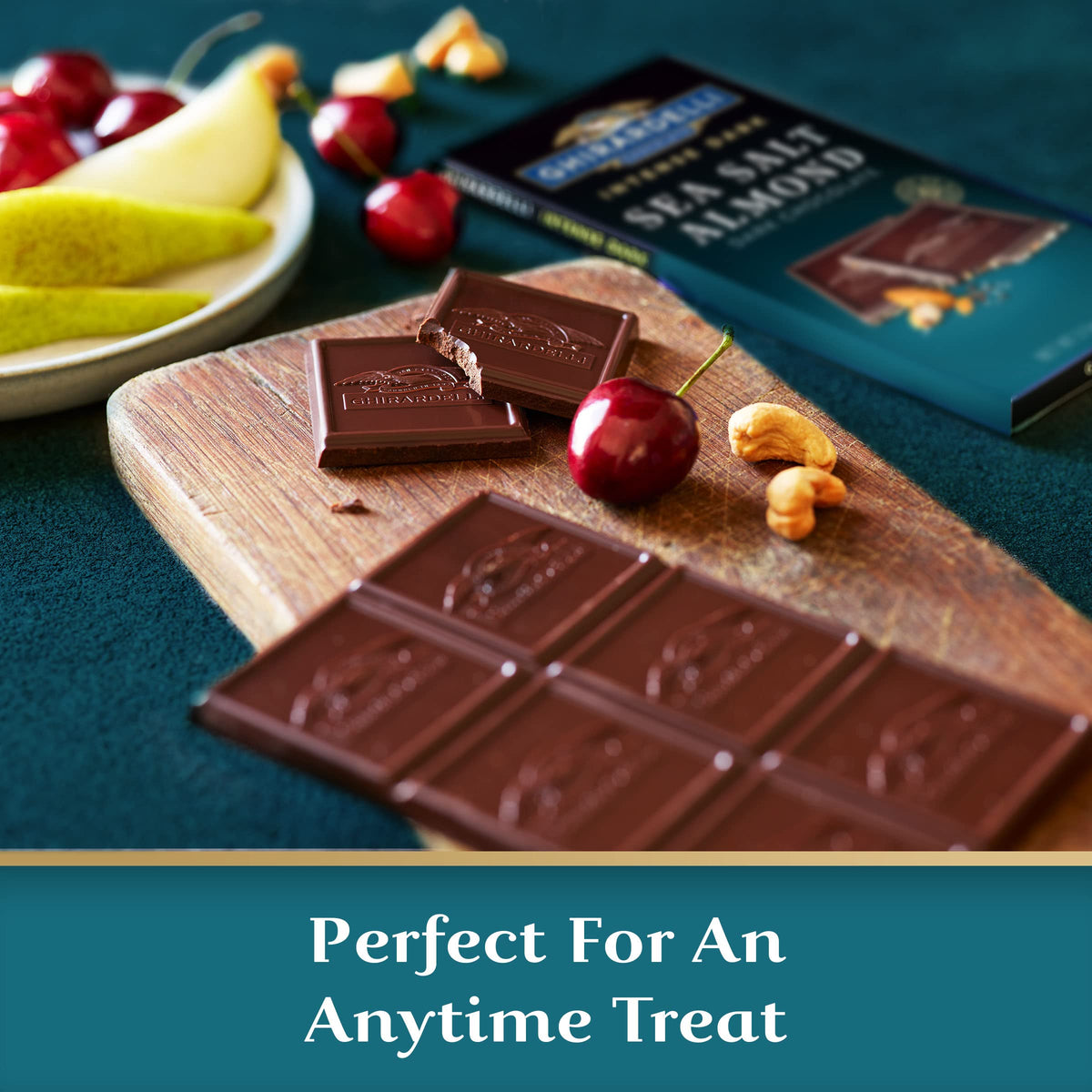 Ghirardelli Intense Dark Sea Salt Almond bar chunks showing individual squares for portioning.
