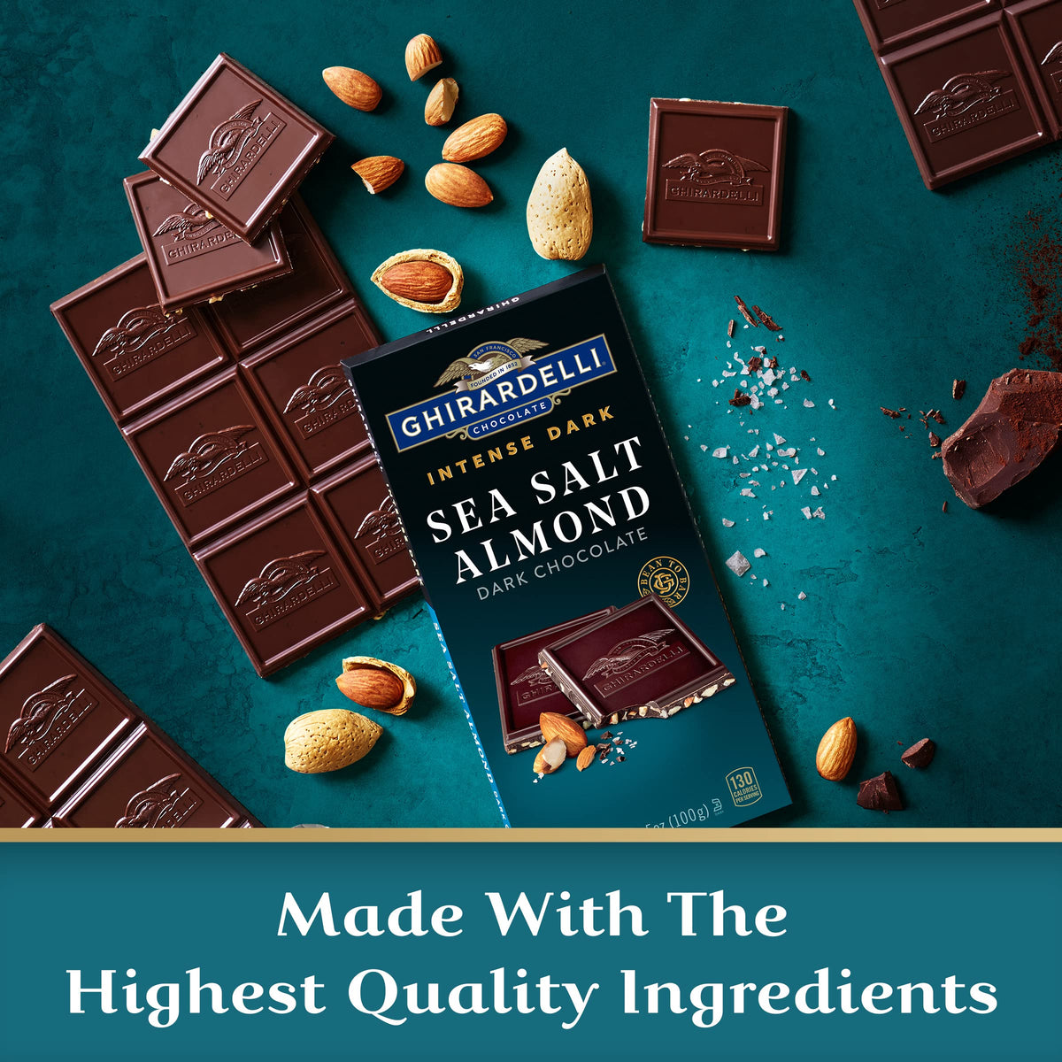 Ghirardelli Intense Dark Sea Salt Almond bar ingredients display roasted almonds and sea salt.