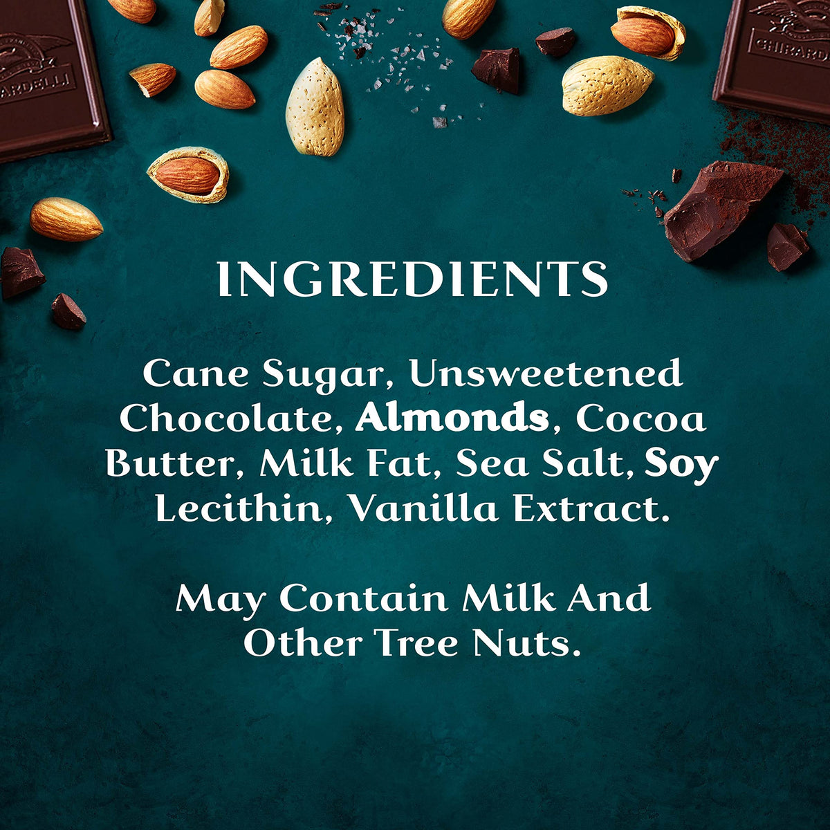 Ghirardelli Intense Dark Sea Salt Almond bar roasted almonds visible for crunch.