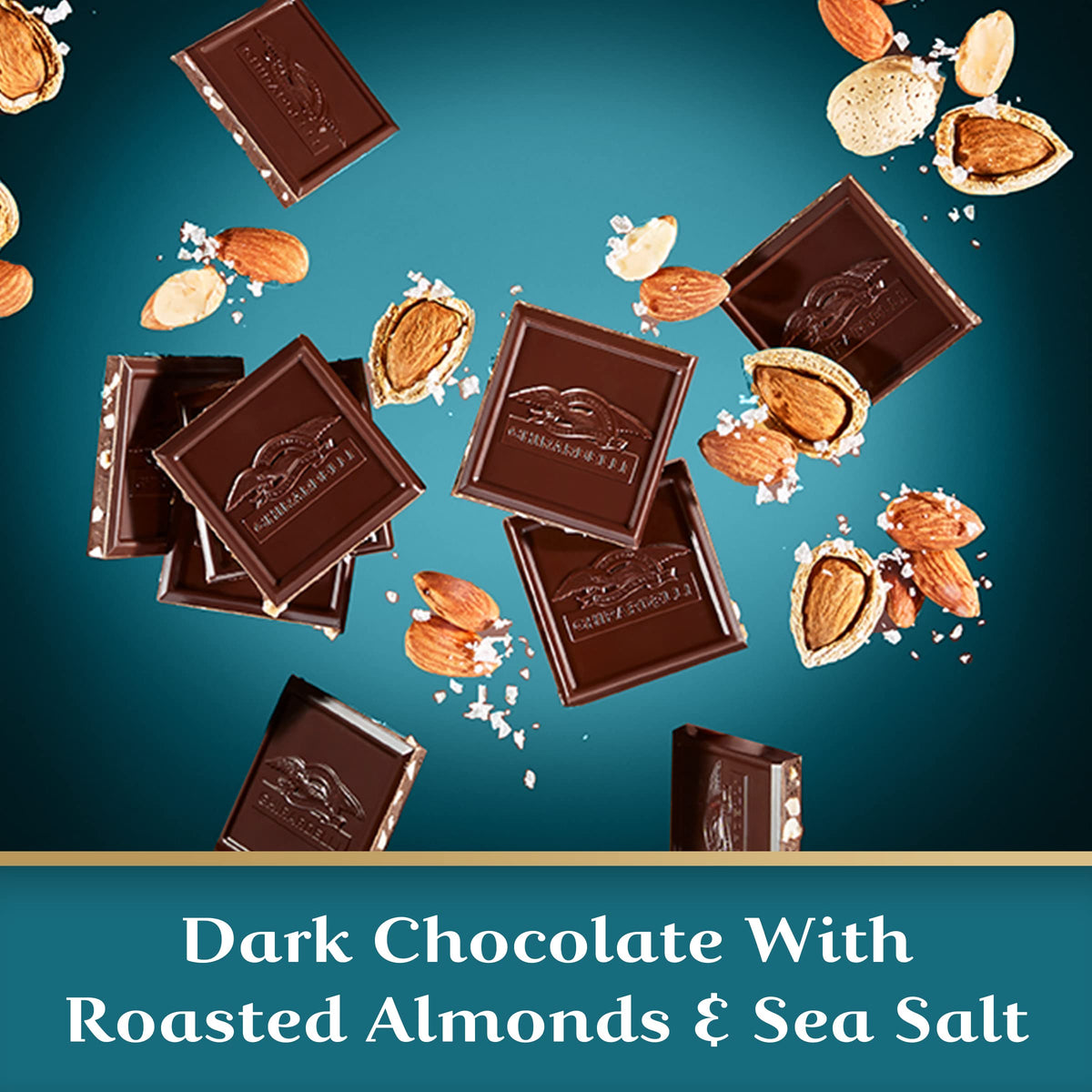 Ghirardelli Intense Dark Sea Salt Almond bar slice closeup highlighting almonds and salt.