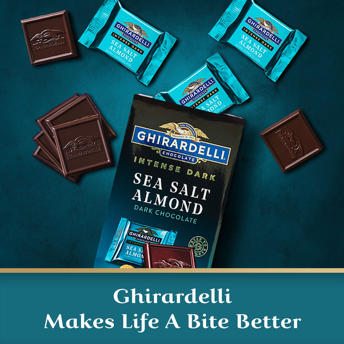 Ghirardelli Intense Dark Sea Salt Almond Squares bite-closeup highlights almonds for pairing.
