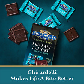 Ghirardelli Intense Dark Sea Salt Almond Squares bite-closeup highlights almonds for pairing.
