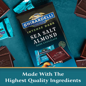 Ghirardelli Intense Dark Sea Salt Almond Squares closeup shows glossy chocolate and almonds.