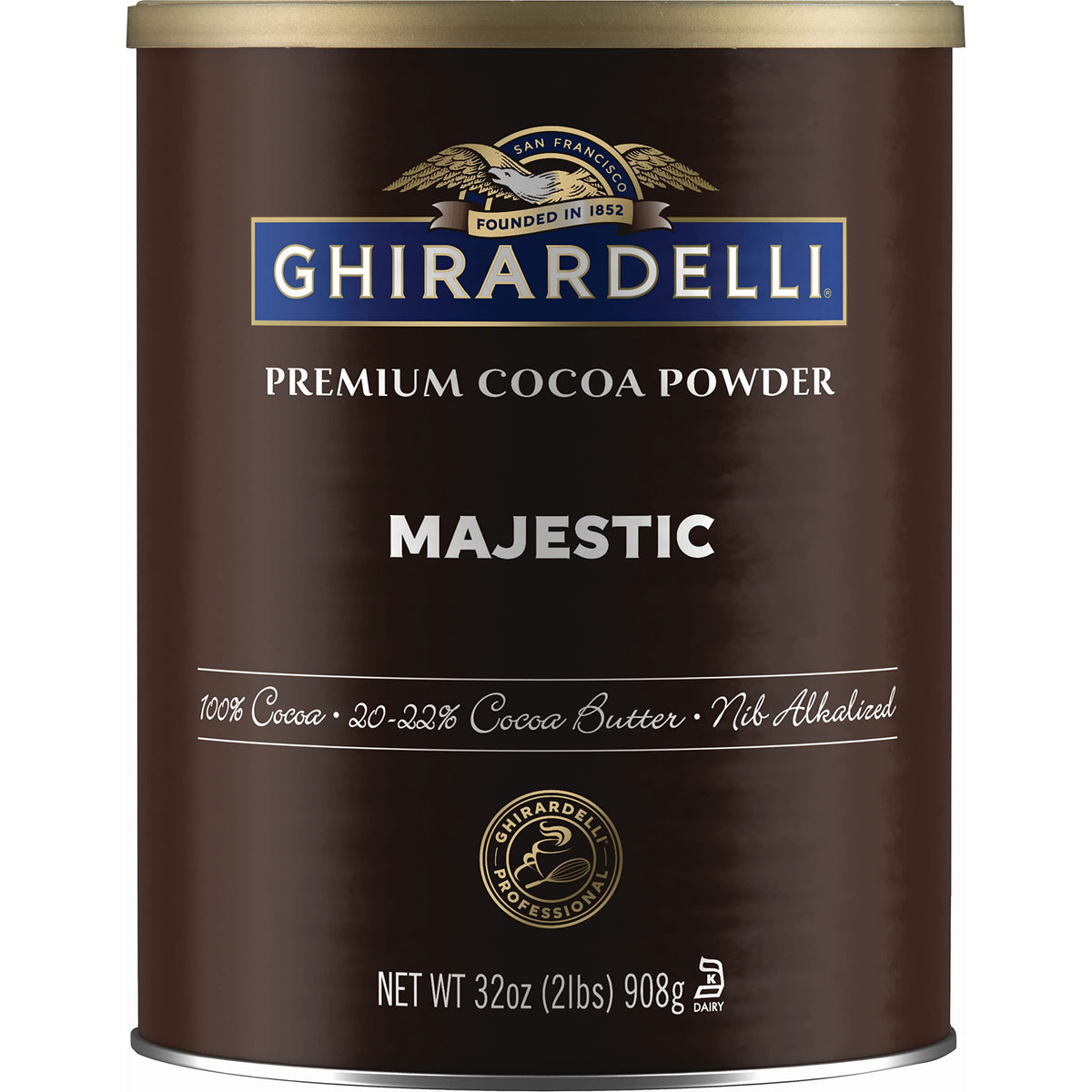 Ghirardelli Majestic Dutch Cocoa Powder packaging signals premium baking quality