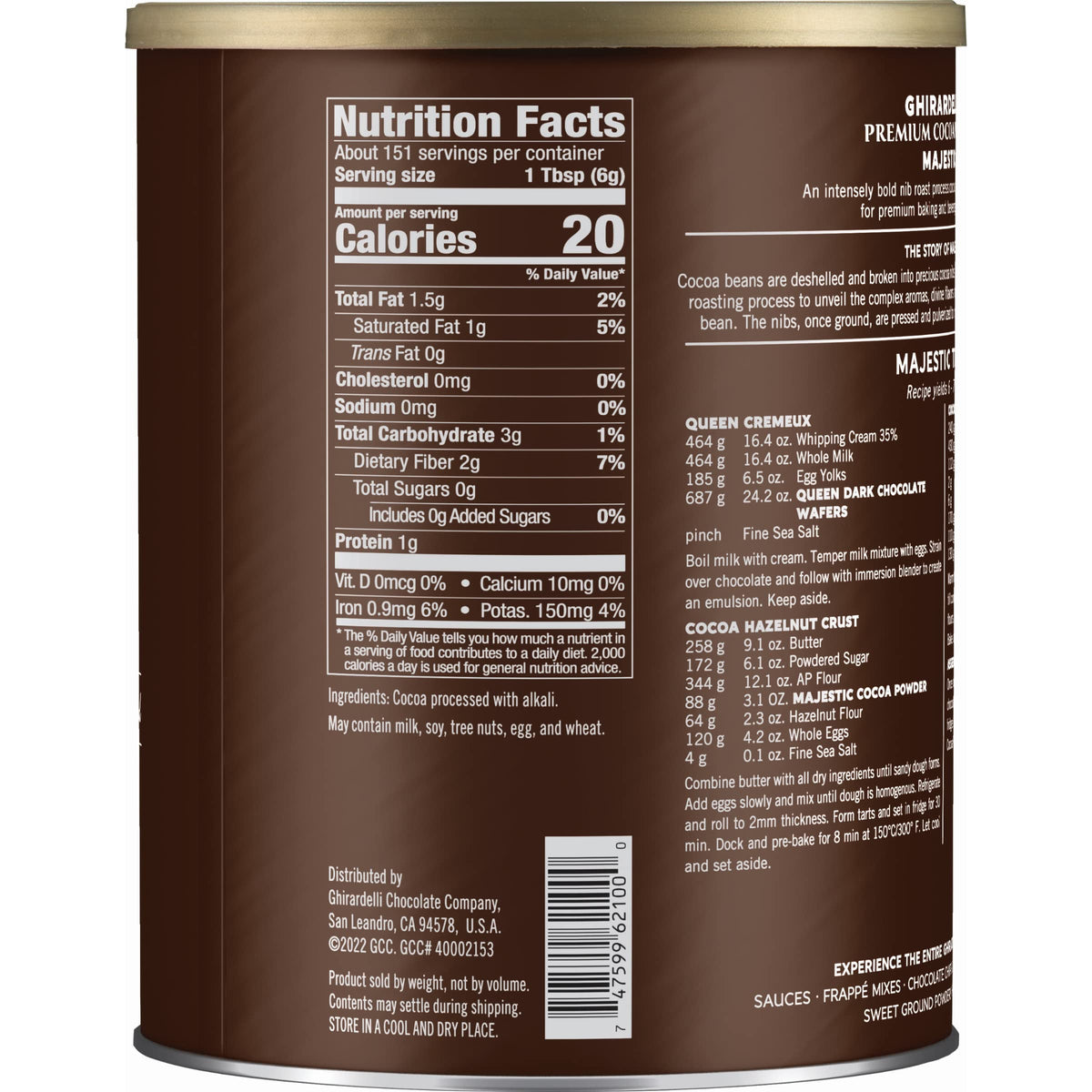 Ghirardelli Majestic Premium Cocoa Powder can on pantry shelf for everyday use