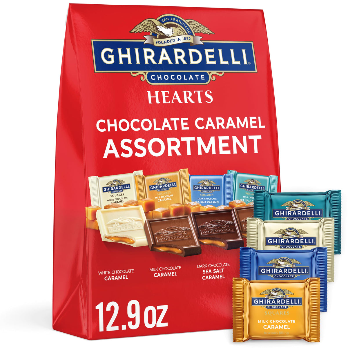 Ghirardelli milk chocolate caramel square with smooth center, ideal for gifting or a luxurious snack.