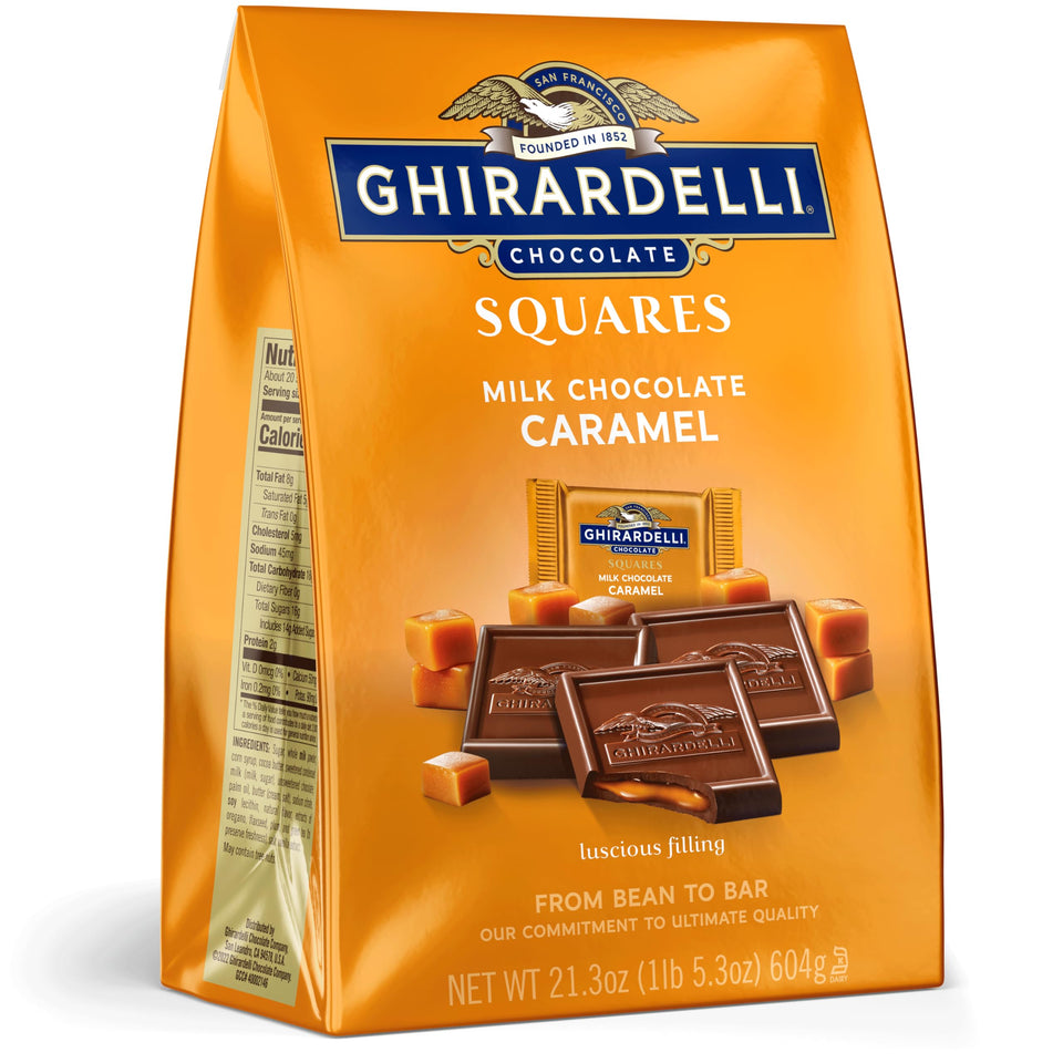 Ghirardelli Milk Chocolate Caramel Squares in 21.3 oz bag, ideal for sharing