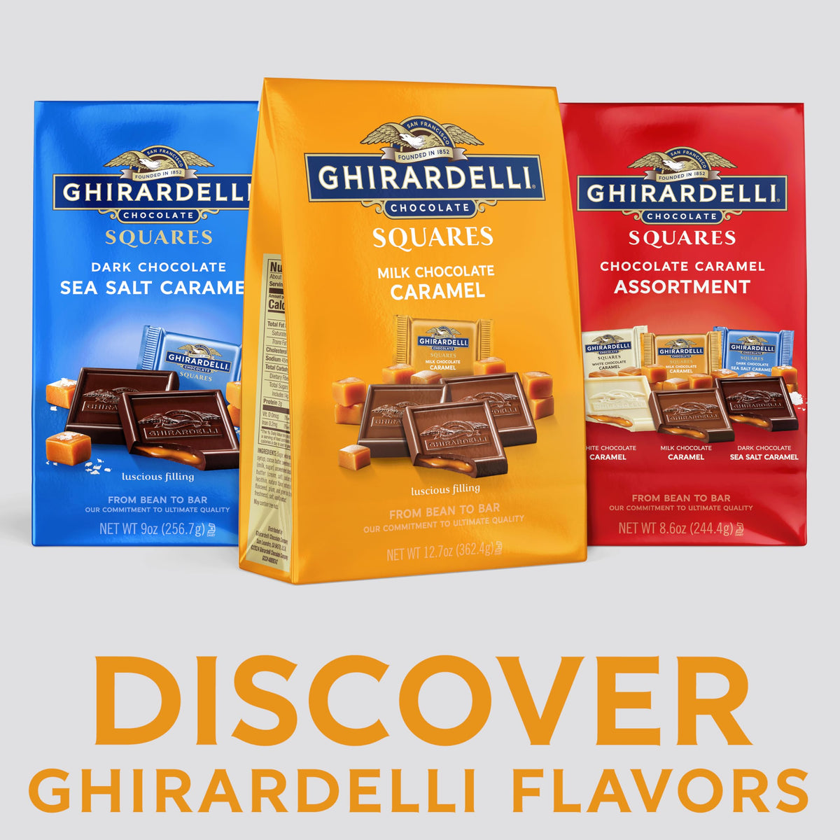 Close-up of creamy caramel center inside Ghirardelli squares.