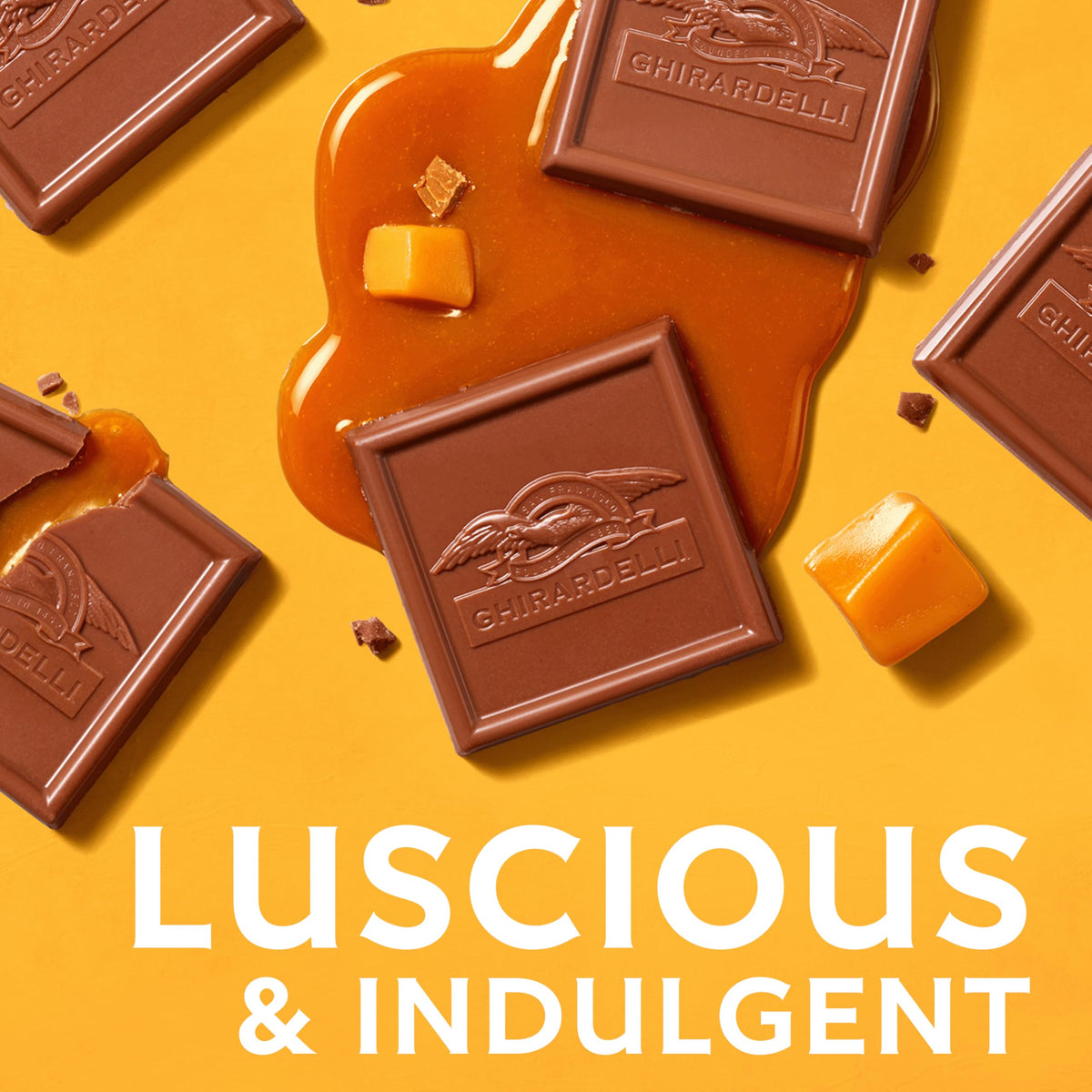 Ghirardelli milk chocolate caramel squares with glossy finish.
