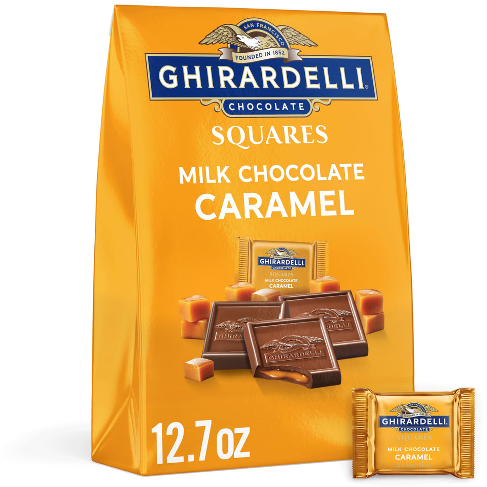 Ghirardelli Milk Chocolate Caramel Squares package shown, ideal for gifting.