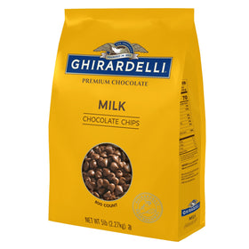 Ghirardelli milk chocolate chips package close-up for premium baking.