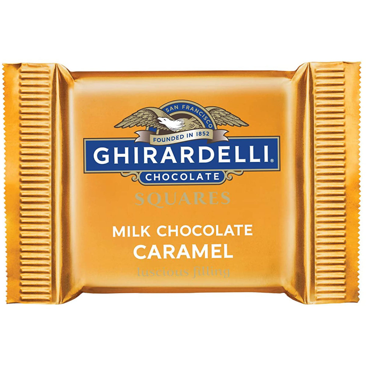 Closeup of Ghirardelli milk chocolate squares with caramel center.