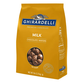 Ghirardelli milk chocolate wafers front bag, ideal for quick, versatile chocolate applications.