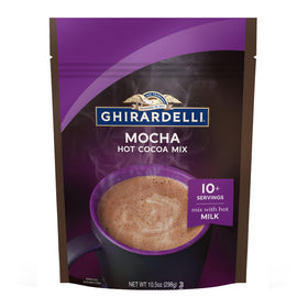 Ghirardelli Mocha Hot Cocoa Mix pack front showcasing premium cocoa for a comforting treat.