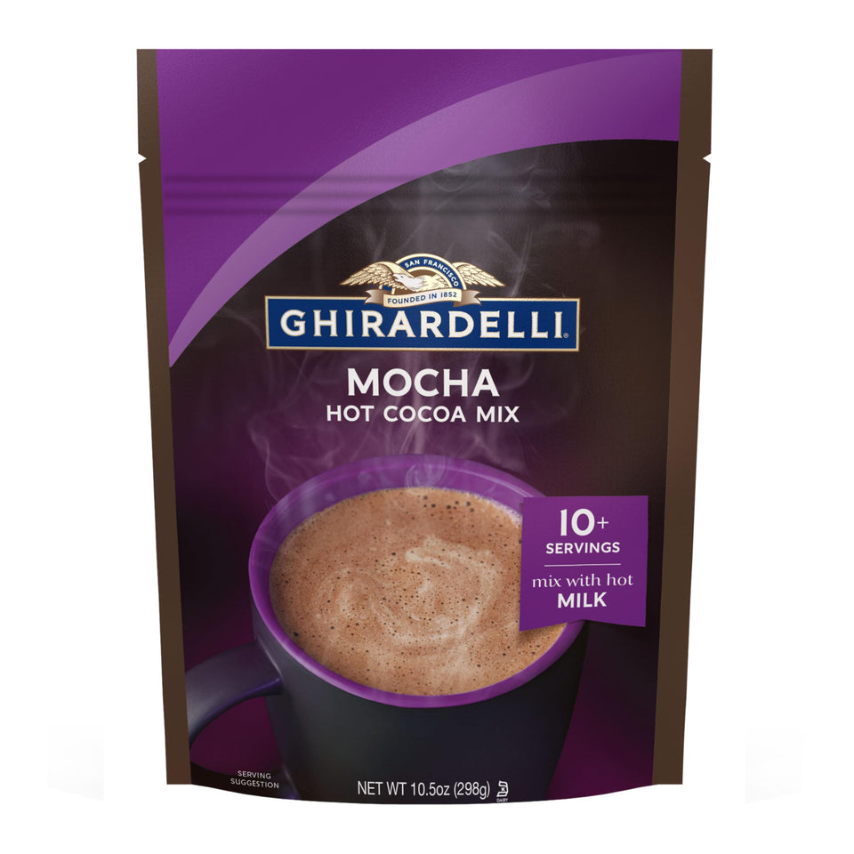 Ghirardelli Mocha Hot Cocoa Mix pack front showcasing premium cocoa for a comforting treat.