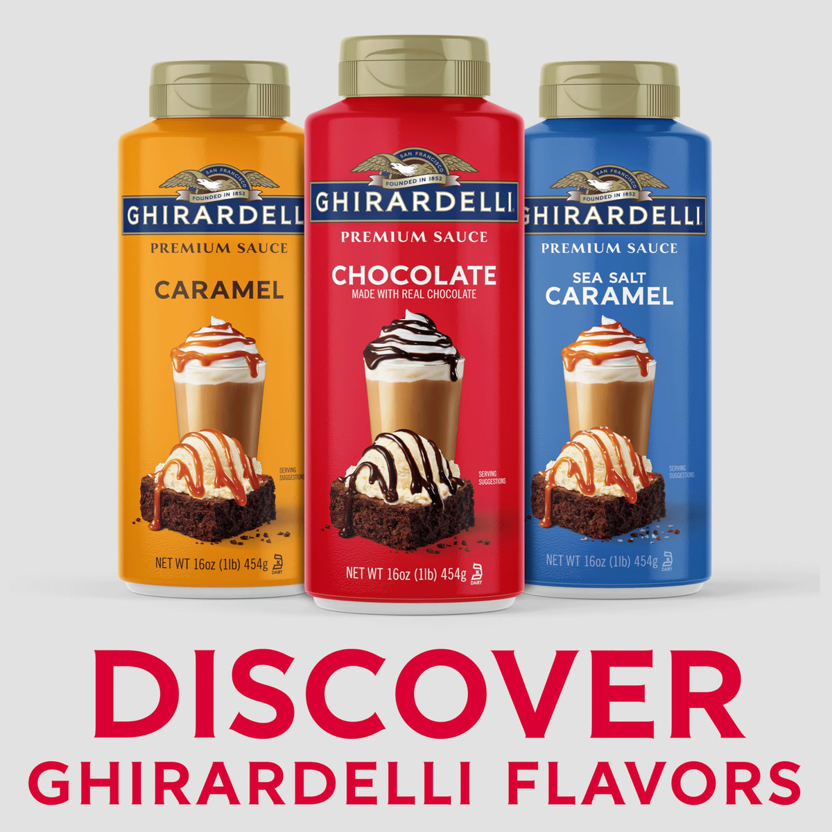 Ghirardelli sauce bottle closeup showing glossy pourable texture