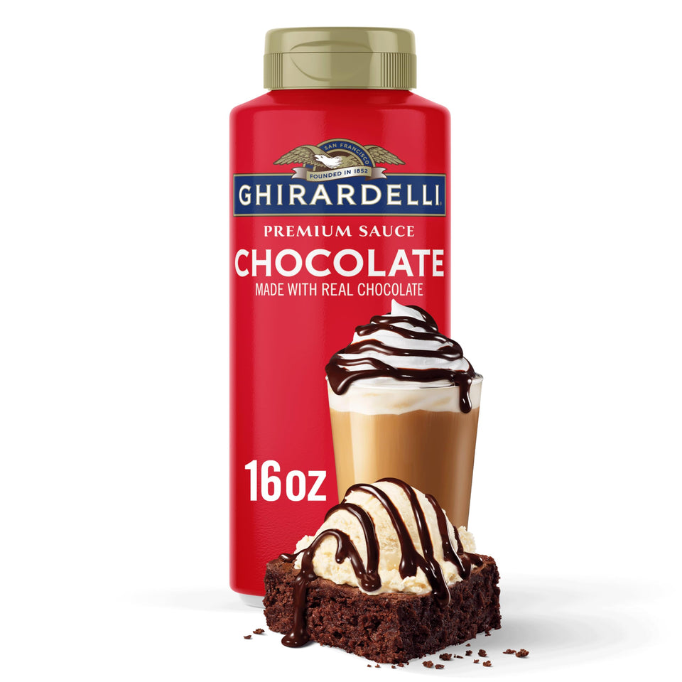 Ghirardelli Premium Chocolate Sauce six-bottle pack ready for desserts