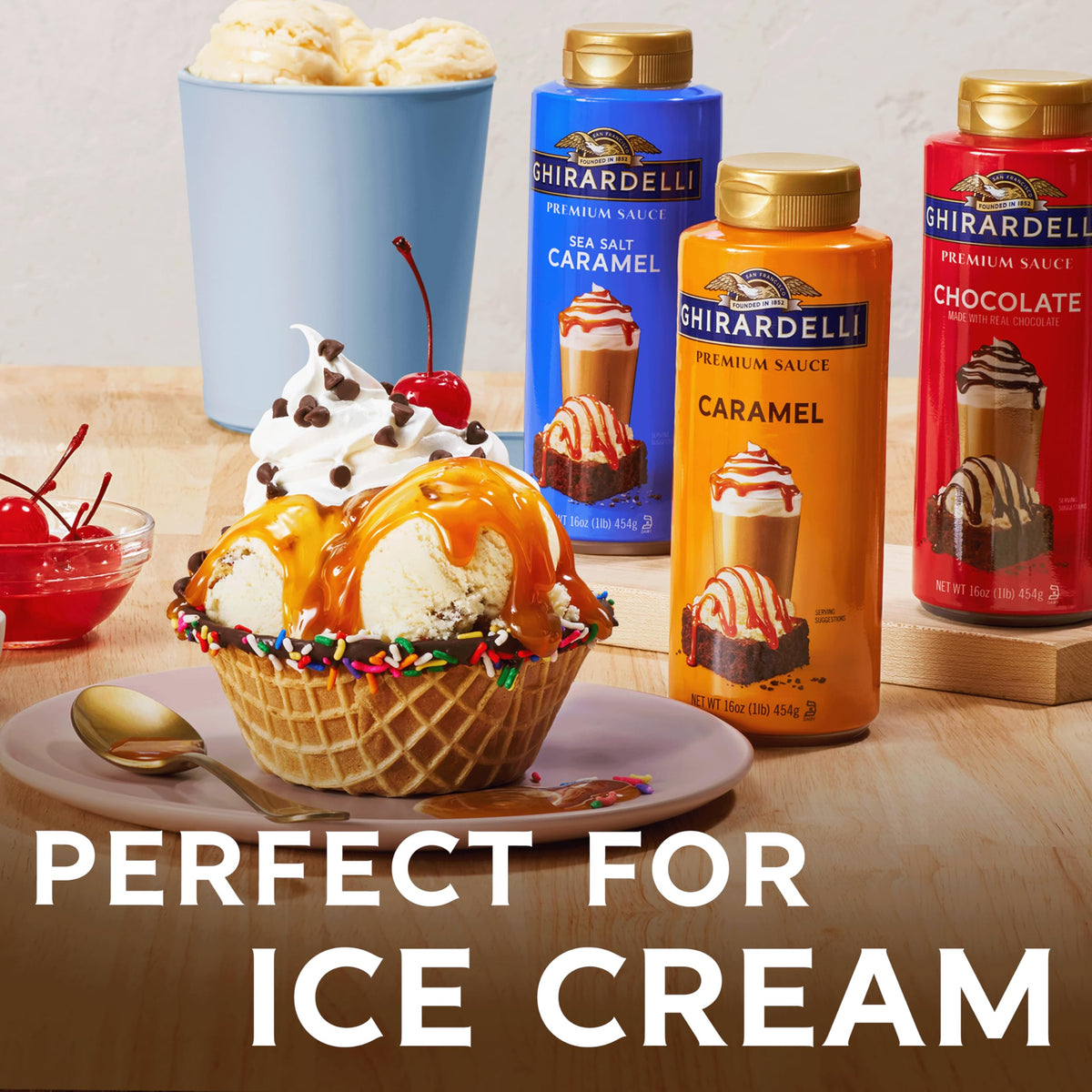 Ghirardelli sauce on a coffee drink for café-style flavor