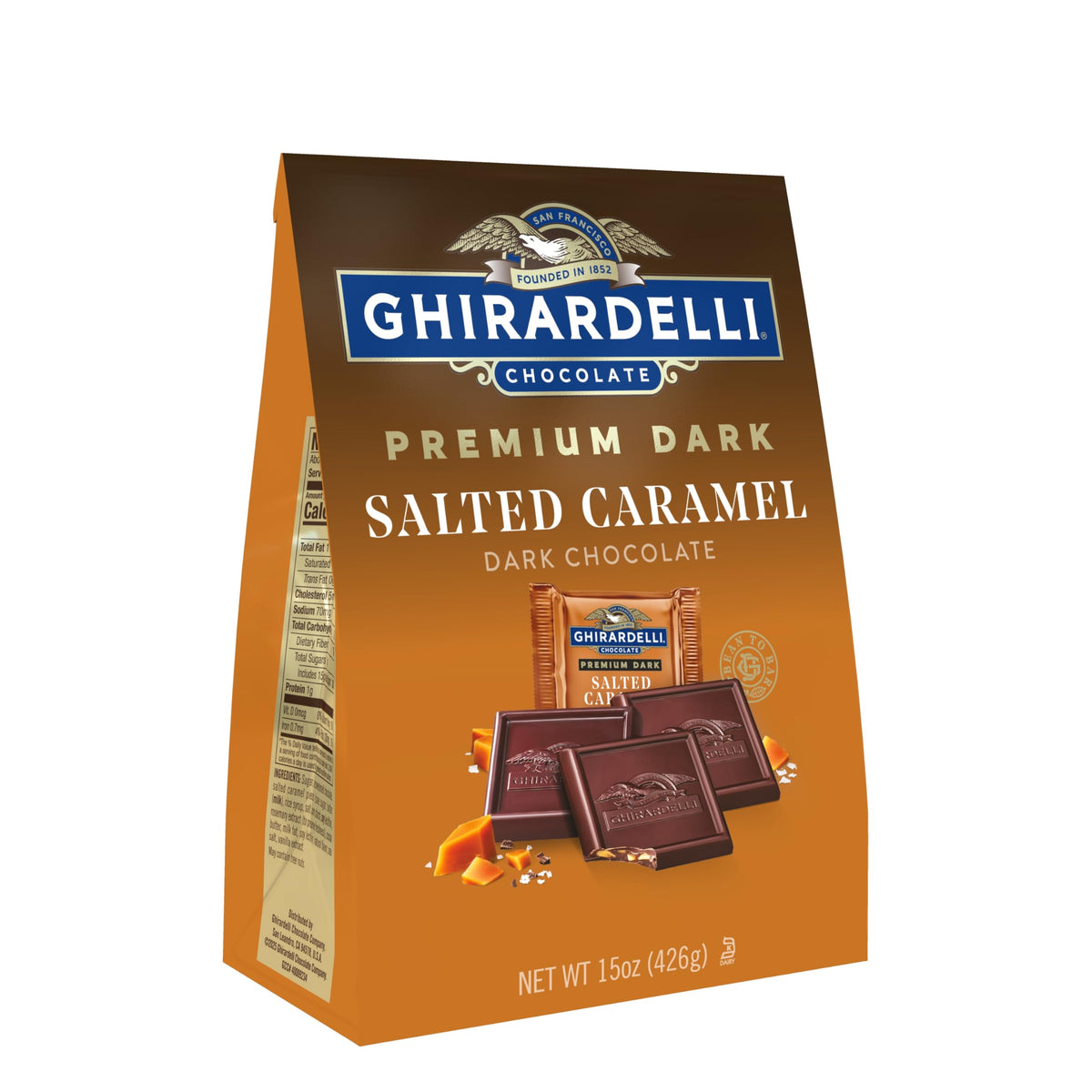 Ghirardelli premium dark salted caramel squares with crunchy caramel—great shareable treat.