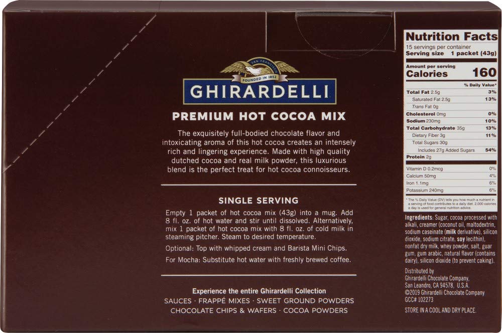 Ghirardelli hot cocoa powder close-up—creamy milk powder in the blend.