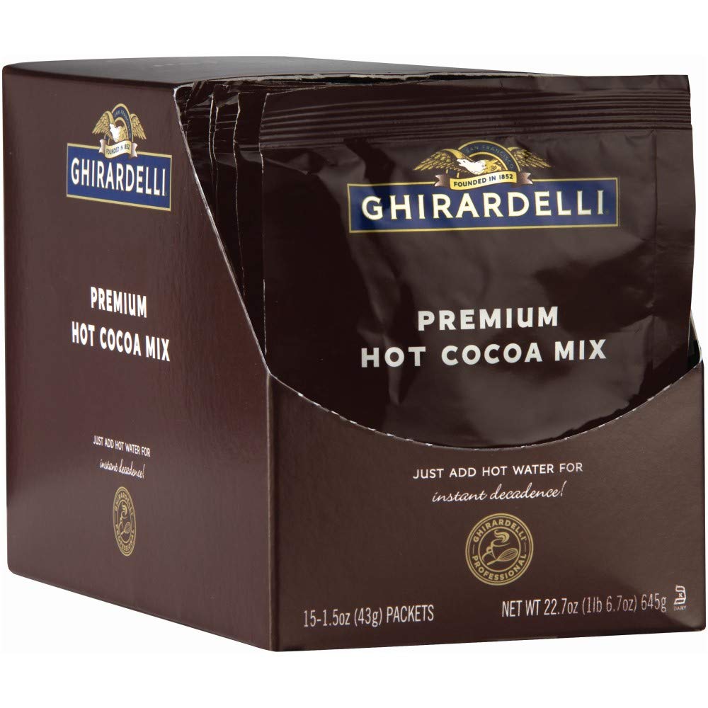 Ghirardelli Premium Indulgence hot cocoa pack 15—single-serve convenience for cozy moments.