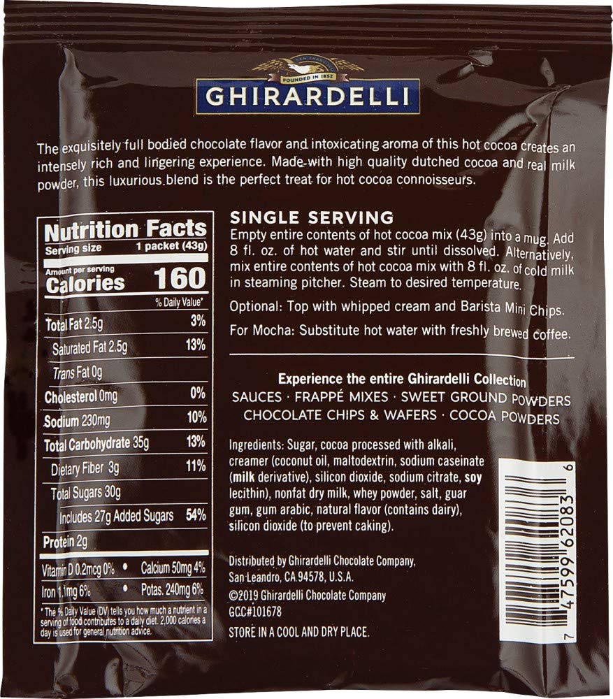 Ghirardelli Premium Indulgence packaging close-up—premium ingredients on display.