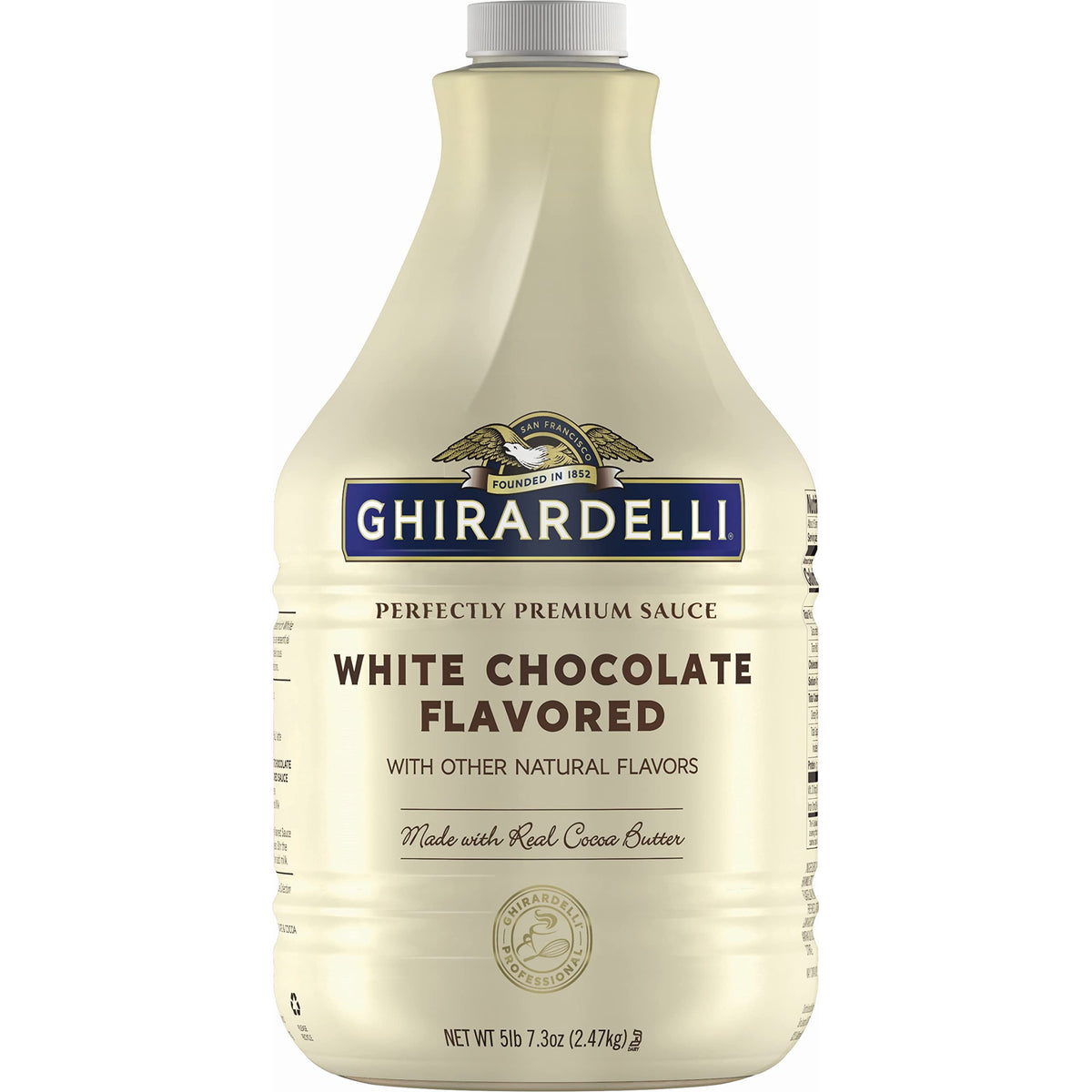 Ghirardelli premium white chocolate sauce bottle ready for espresso drinks