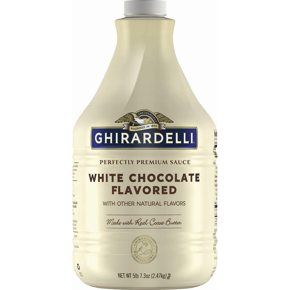 Ghirardelli premium white chocolate sauce bottle ready for espresso drinks