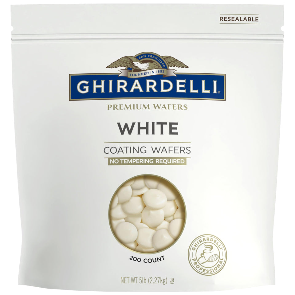 Ghirardelli Premium White Coating Wafers 5lb bag packaging for quick coating prep.