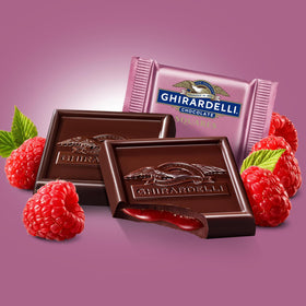 Close-up of raspberry filling inside a Ghirardelli square.
