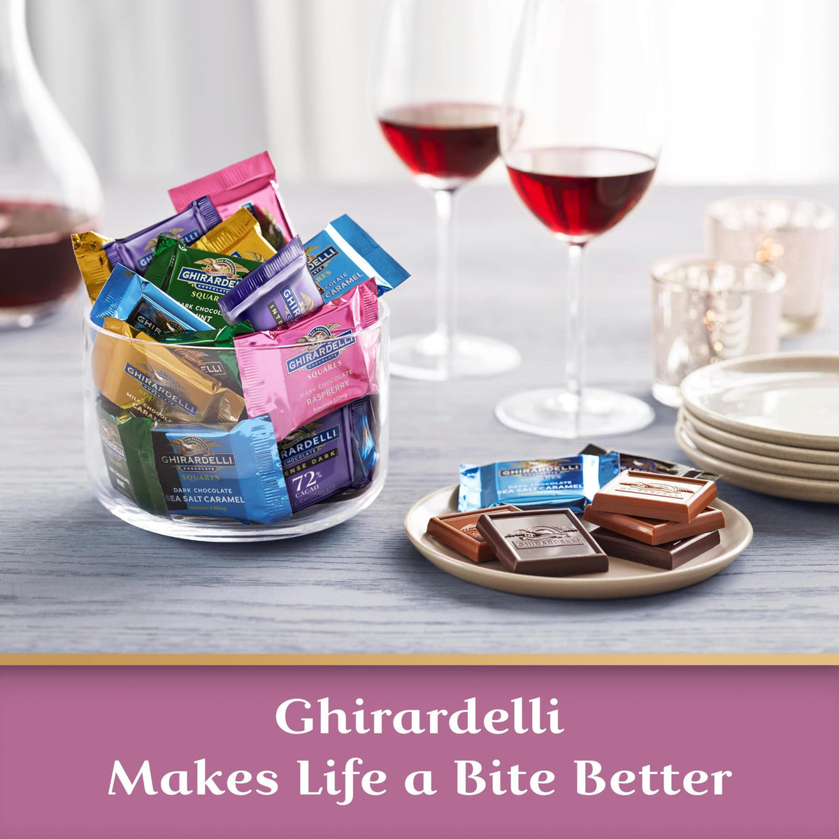 Ghirardelli gift-ready Raspberry Squares packaging.