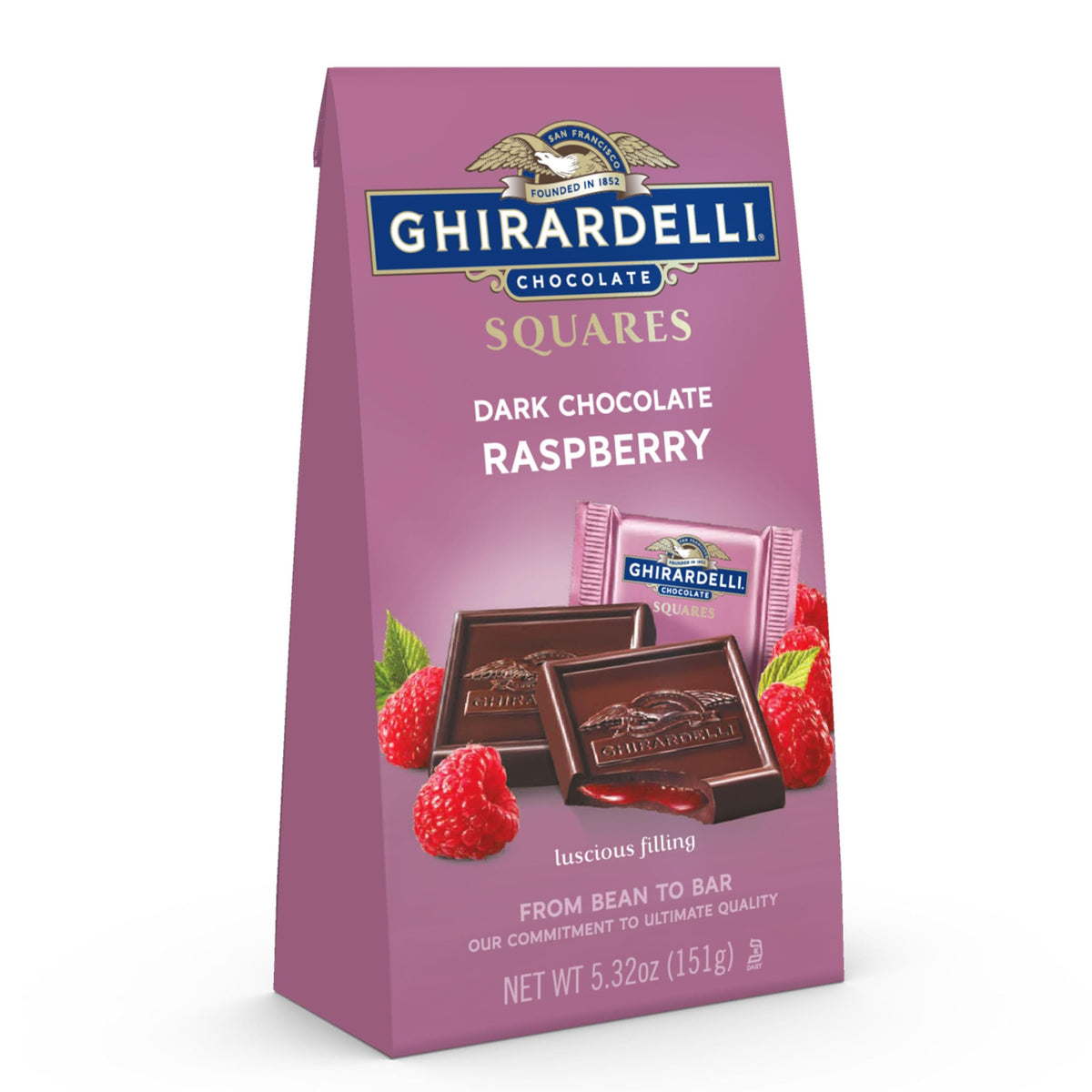 Ghirardelli Raspberry Squares pack front, ideal for gifting or entertaining.