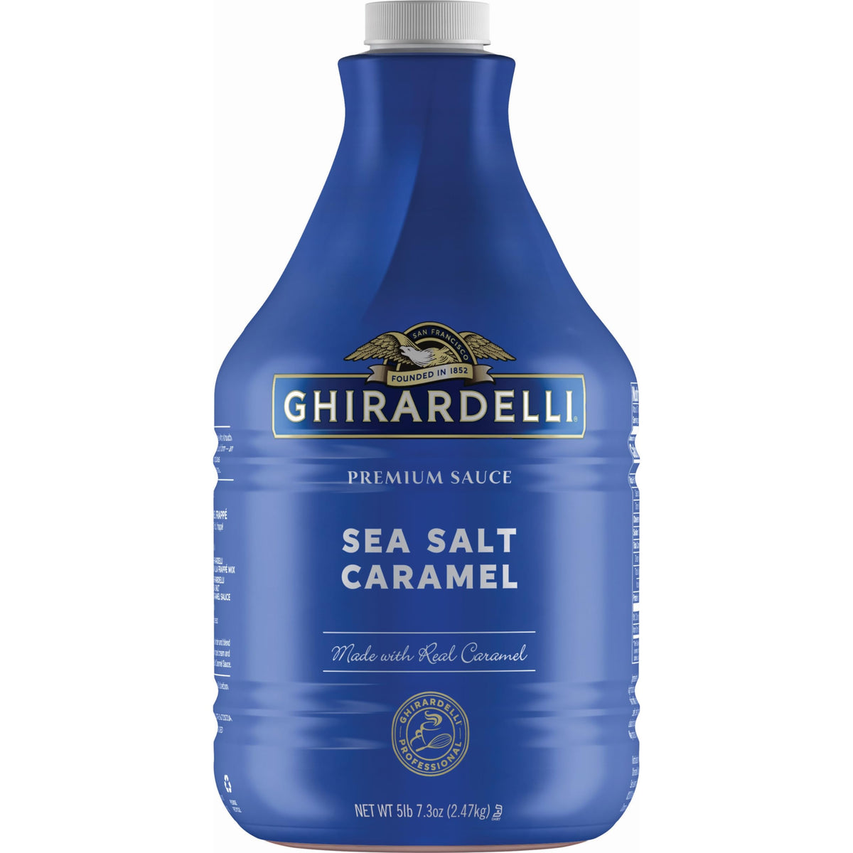 Ghirardelli Sea Salt Caramel Sauce pump bottle for convenient dessert topping.
